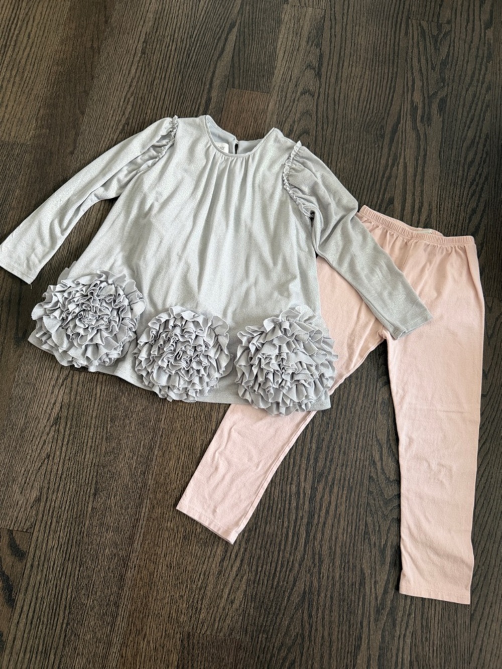 Girls Ruffle Flower Top and Pink Leggings Set - Light Gray & Pale Pink - size 6